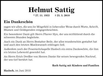 Traueranzeige von Helmut Sattig von Fränkische Nachrichten