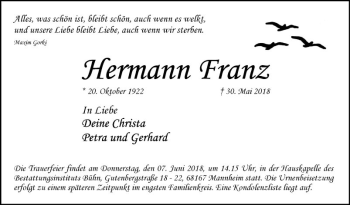 Traueranzeige von Hermann Franz von Mannheimer Morgen