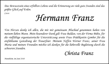 Traueranzeige von Hermann Franz von Mannheimer Morgen