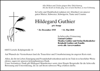 Traueranzeige von Hildegard Guthier von Bergsträßer Anzeiger