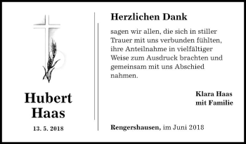 Traueranzeige von Hubert Haas von Fränkische Nachrichten