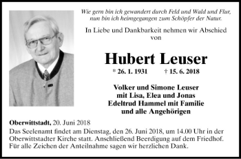 Traueranzeige von Hubert Leuser von Fränkische Nachrichten