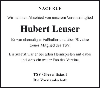 Traueranzeige von Hubert Leuser von Fränkische Nachrichten