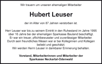 Traueranzeige von Hubert Leuser von Fränkische Nachrichten