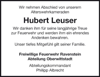 Traueranzeige von Hubert Leuser von Fränkische Nachrichten