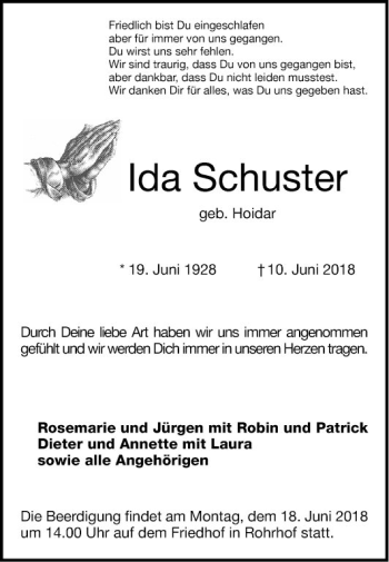 Traueranzeige von Ida Schuster von Schwetzinger Zeitung