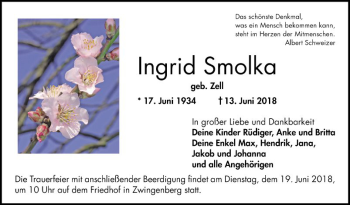 Traueranzeige von Ingrid Smolka von Bergsträßer Anzeiger