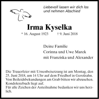 Traueranzeige von Irma Kyselka von Fränkische Nachrichten