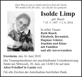 Traueranzeige von Isolde Limp von Fränkische Nachrichten