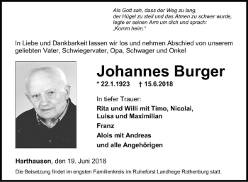 Traueranzeige von Johannes Burger von Fränkische Nachrichten