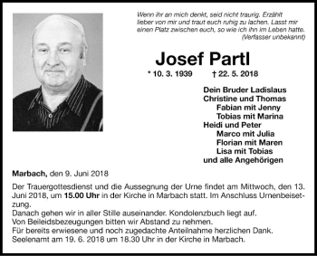 Traueranzeige von Josef Partl von Fränkische Nachrichten