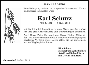 Traueranzeige von Karl Schurz von Fränkische Nachrichten