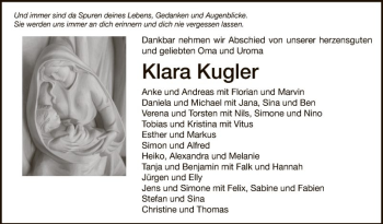 Traueranzeige von Klara Kugler von Fränkische Nachrichten