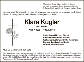 Traueranzeige von Klara Kugler von Fränkische Nachrichten