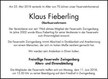Traueranzeige von Klaus Fieberling von Bergsträßer Anzeiger