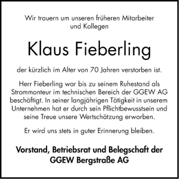 Traueranzeige von Klaus Fieberling von Bergsträßer Anzeiger