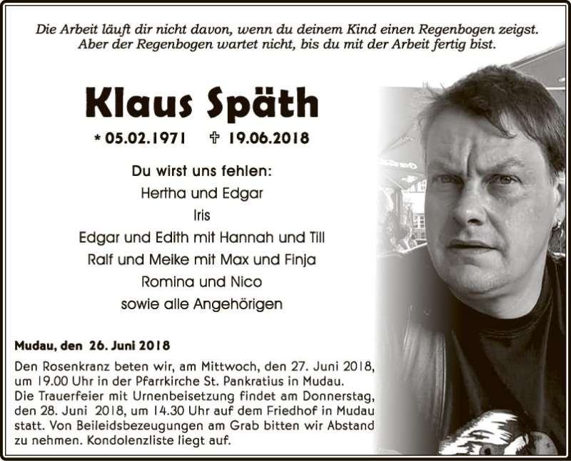 Traueranzeige für Klaus Späth vom 26.06.2018 aus Fränkische Nachrichten