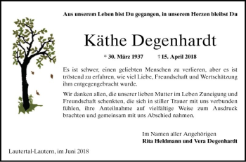 Traueranzeige von Käthe Degenhardt von Bergsträßer Anzeiger