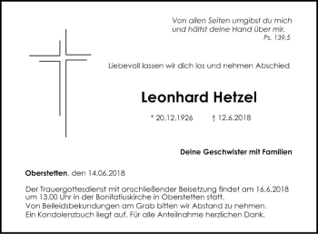 Traueranzeige von Leonhard Hetzel von Fränkische Nachrichten