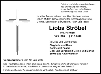 Traueranzeige von Lioba Ströbel von Fränkische Nachrichten