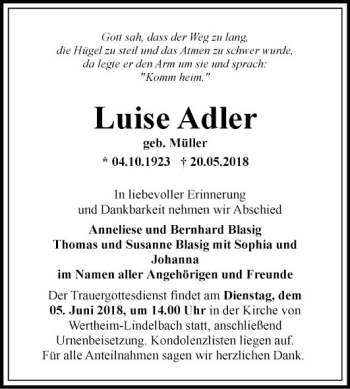 Traueranzeige von Luise Adler von Fränkische Nachrichten