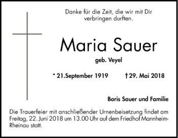 Traueranzeige von Maria Sauer von Mannheimer Morgen