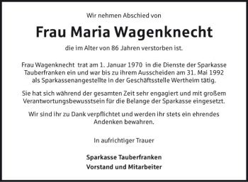 Traueranzeige von Maria Wagenknecht von Fränkische Nachrichten