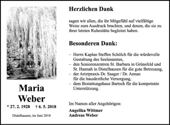 Traueranzeige von Maria Weber von Fränkische Nachrichten