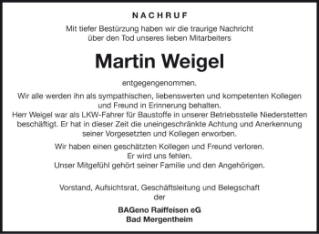 Traueranzeige von Martin Weigel von Fränkische Nachrichten