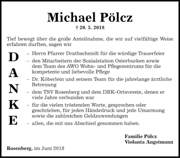 Traueranzeige von Michael Pölcz von Fränkische Nachrichten