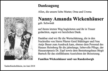 Traueranzeige von Nanny Amanda Wickenhäuser von Fränkische Nachrichten