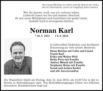 Traueranzeige von Norman Karl von Fränkische Nachrichten