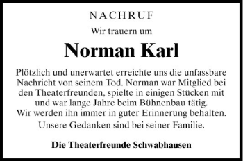 Traueranzeige von Norman Karl von Fränkische Nachrichten