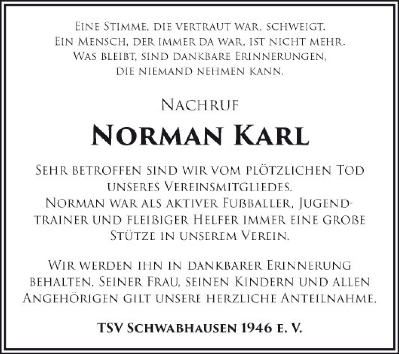  Traueranzeige für Norman Karl vom 14.06.2018 aus Fränkische Nachrichten