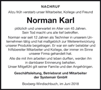 Traueranzeige von Norman Karl von Fränkische Nachrichten