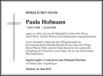 Traueranzeige von Paula Hofmann von Fränkische Nachrichten