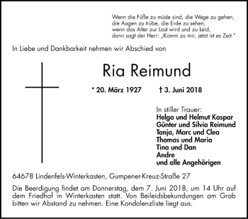 Traueranzeige von Ria Reimund von Bergsträßer Anzeiger