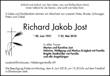Traueranzeige von Richard Jakob Jost von Bergsträßer Anzeiger
