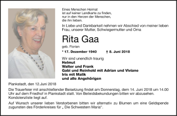 Traueranzeige von Rita Gaa von Schwetzinger Zeitung