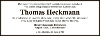 Traueranzeige von Thomas Heckmann von Fränkische Nachrichten