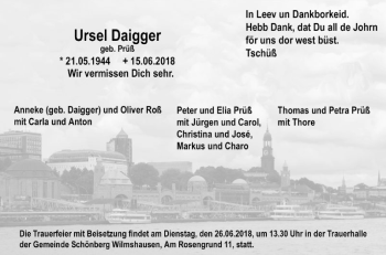 Traueranzeige von Ursel Daigger von Bergsträßer Anzeiger