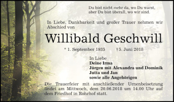 Traueranzeige von Willibald Geschwill von Schwetzinger Zeitung