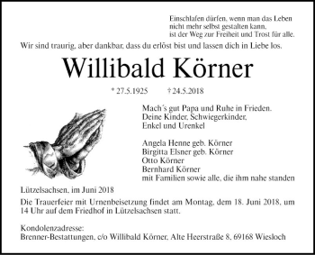 Traueranzeige von Willibald Körner von Mannheimer Morgen