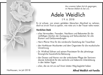 Traueranzeige von Adele Weidlich von Fränkische Nachrichten