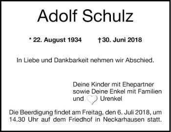 Traueranzeige von Adolf Schulz von Mannheimer Morgen