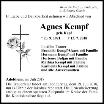 Traueranzeige von Agnes Kempf von Fränkische Nachrichten