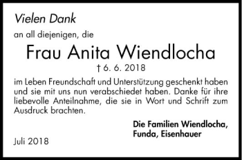 Traueranzeige von Anita Wiendlocha von Fränkische Nachrichten