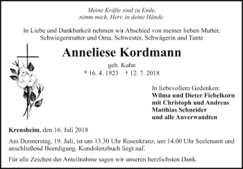 Traueranzeige von Anneliese Kordmann von Fränkische Nachrichten