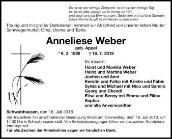 Traueranzeige von Anneliese Weber von Fränkische Nachrichten