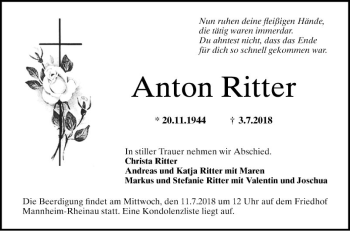 Traueranzeige von Anton Ritter von Mannheimer Morgen